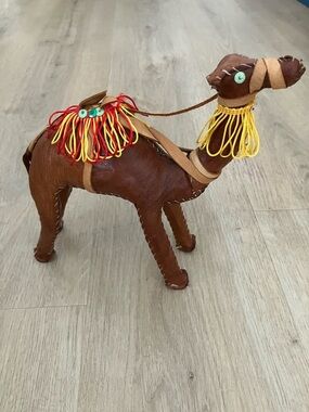 Handmade Moroccan Brown Leather Camel Figurine with Colorful Tassels, Vintage